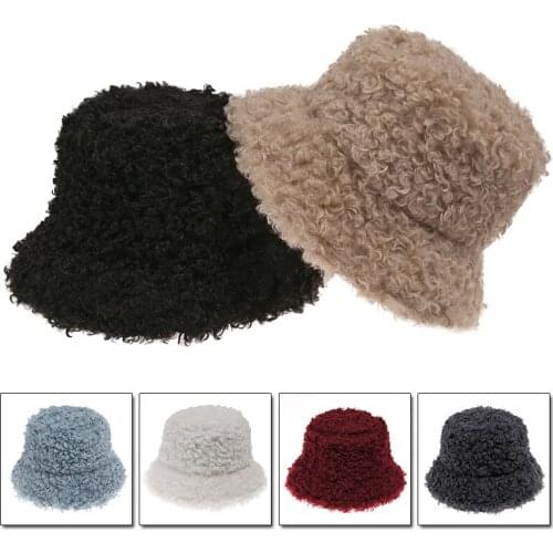 Lamb Faux Fur Bucket Hat Thickened Warm Winter Hats For Women Velvet Cap Lady Sweet Panama Outdoor Plush Version Fisherman Hat