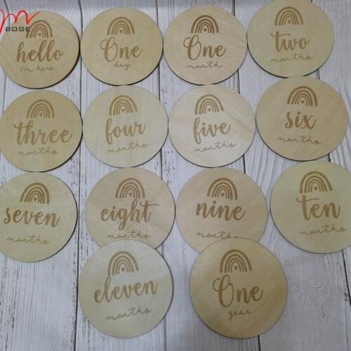 Rainbow Wooden round baby step cards Baby Monthly Milestone Cards with small cloth bag