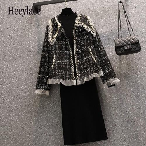 Plus Size Women Elegant 2 Pieces Set Office Ladies Autumn Winter Warm Long Sleeve ruffles Patchwork tweed Coat + Knit Dress Sets
