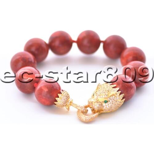 S2266 Huge 8" 18mm Natural Round Red Coral Bead Bracelet Cougar CZ