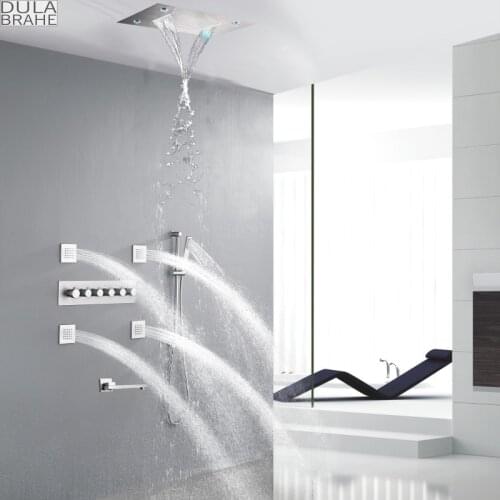 Thermostatic Brushed Rain Shower Faucet System Bathroom Mixer Set Ceil Mounted 14 X 20 Inch LED Waterfall Rainfall Shower Head