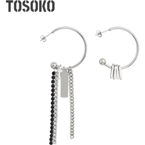 TOSOKO Stainless Steel Jewelry Ins Zircon Chain Earrings Geometric Square Brand Asymmetric Earrings Women Fashion Earchain F349