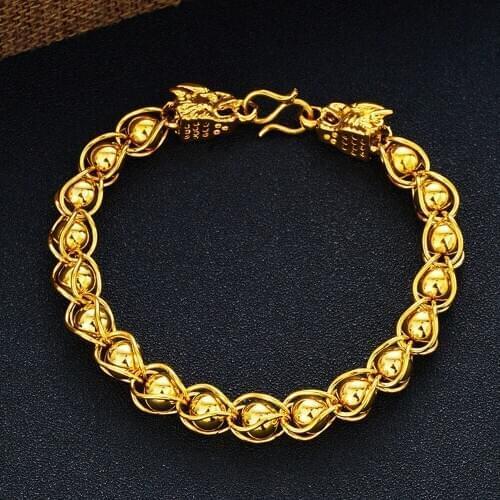 Solid 24K gold beads Bracelet for men Unisex Wristband Gold Lantern shape Dragon head Good Luck Women Charms Bracelet 20.5cm
