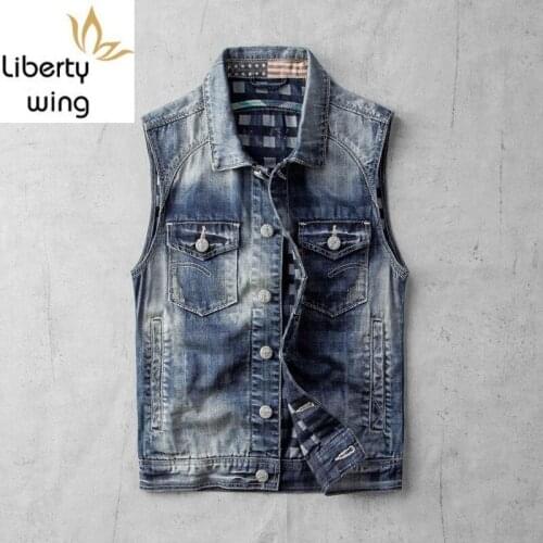 Streetwear Mens Back Letter Printed Sleeveless Denim Waistcoats Single Breasted Lapel Slim Pockets Casual Male Vests Plus Size