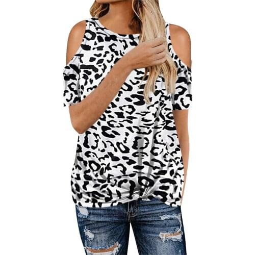 Womens Leopard Blouses Hollow Out Blouse 2021 Fashion Camouflage Print Blouses Sexy Shoulder Short Sleeve Tops Blouses Femme
