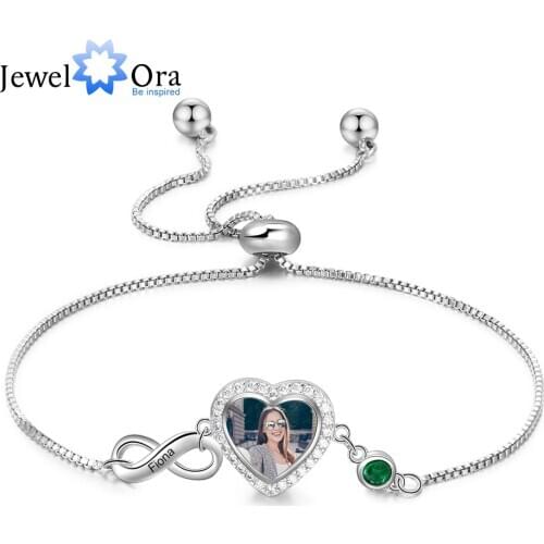 JewelOra Personalized Heart Photo Infinity Bracelet Customized Birthstone Engraved Name Adjustable Chain Bracelets for Women