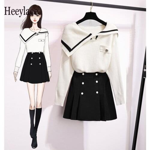 Women Autumn Winter Korean Casual Two Pieces Set For Women Slash Neck Knitted Long Sleeve Sweater And Midi Skirt Set Women Suits