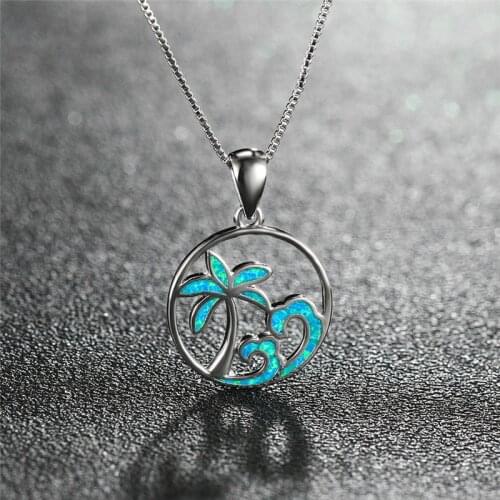 Cute Female Coconut Tree Wave Pendants Necklaces Fashion silver color Choker Necklace Blue Fire Opal Necklaces For Women
