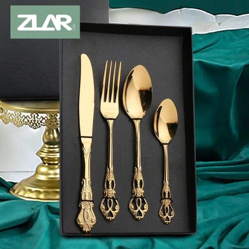 ZLAR Fork Knife Spoon TeaSpoon Cutlery Set Tableware Silverware Rainbow Golden Cutlery Sets Stainless Steel Tableware Dinner Set