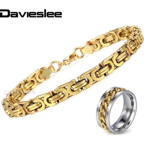 Gold Stainless Steel Mens Bracelet Ring Jewelry Set Byzantine Chain Bracelets for Men Wedding Rings Jewelry KB234KR144