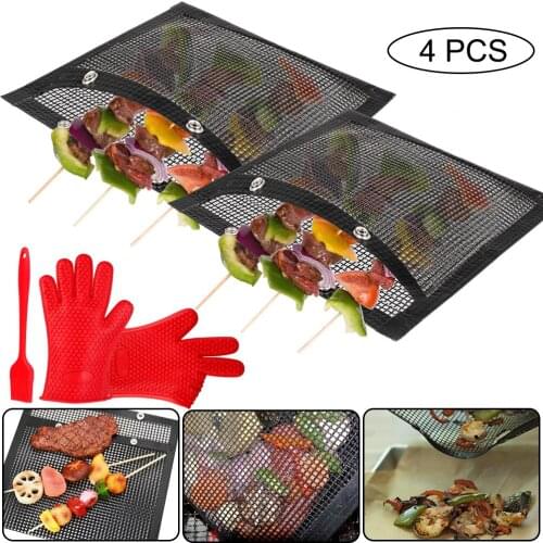 2pcs BBQ Large Grill Mesh Bag + 1pair Silicone Grilling Gloves + 1pc Oil Brush Non Stick Baked Bag Grill Barbecue Grilling Acces