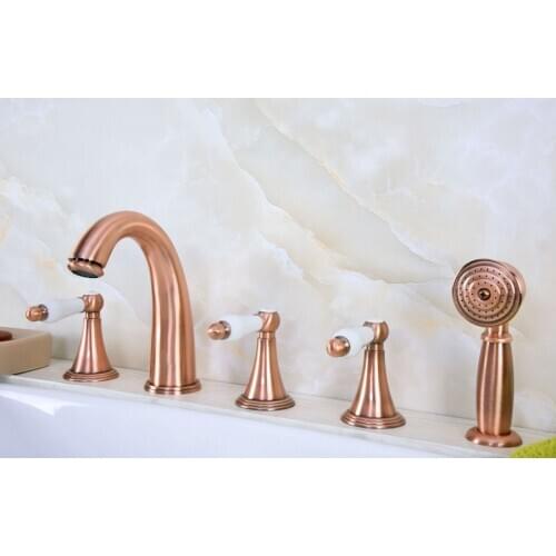 Antique Red Copper Brass Deck 5 Holes Bathtub Mixer Faucet Handheld Shower Widespread Bathroom Faucet Set Basin Water Tap atf209