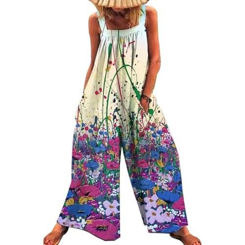 BAMBOOBOY Womens New Summer Fashion Floral Print Sleeveless Casual Beach Bohemian Loose Jumpsuit FD315