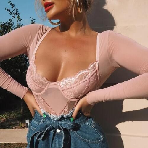 2020 Pink Lace Body Long Sleeve Transparent Bodysuit Women Female Fitness Bodycon Slim Sexy Overalls Basic Streetwear