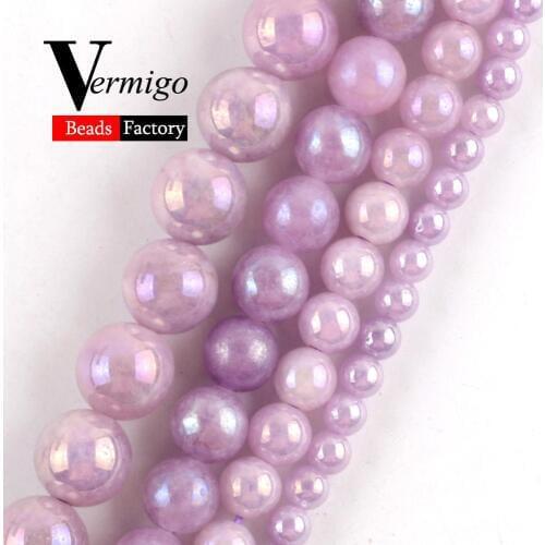 Natural Purple Jades Plating AB Gem Baeds For Jewelry Making 4 6 8 10mm Round Loose Beads DIY Necklace Bracelet Accessories 15"