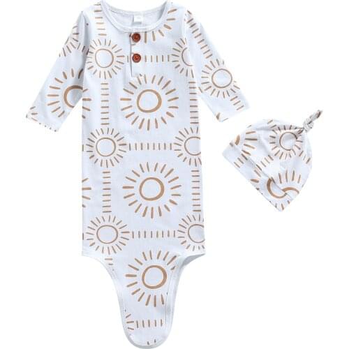 Baby Nightwear with Hat Unisex Sun Print O-Neck Long Sleeve Sleeping Bag + Cap For 0-1 Year