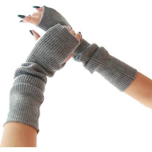 Women Winter Arm Warmers Cashmere Fingerless Long Gloves Solid Warm Mittens Female Knitted Sleeves 40cm Glove