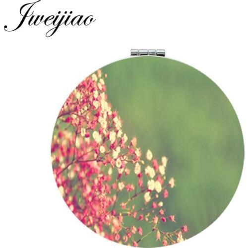 JWEIJIAO Beautiful Flower Art Picture Makeup Mirror Mini Round Folding Compact Colorful Photo Print PU Leather Pocket Mirror