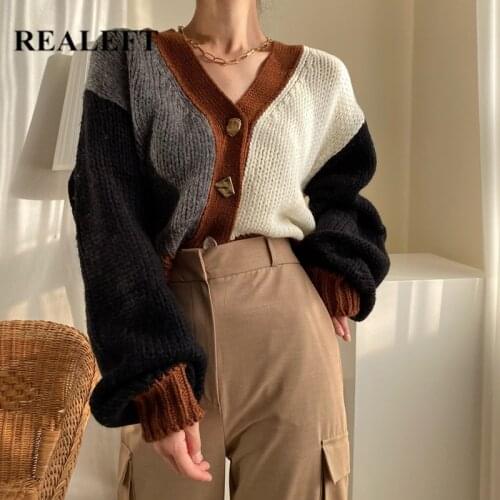 REALEFT Autumn Winter 2021 New Colorblock Patchwork Womens Cardigan Sweaters Lantern Sleeve Casual Loose Knitted Female Tops
