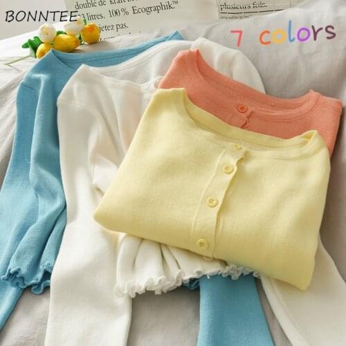 Cardigan Women Cropped Kawaii Sweet All-match Solid Candy Colors Newest Simple Sweater Knitting Long Sleeve Girls Daily Summer