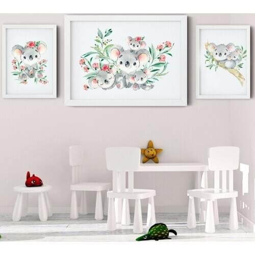 Koala Baby Flower Leaf Nursery Wall Art Canvas Painting Cartoon Nordic Posters And Prints Wall Pictures Girl Boy Kids Room Decor