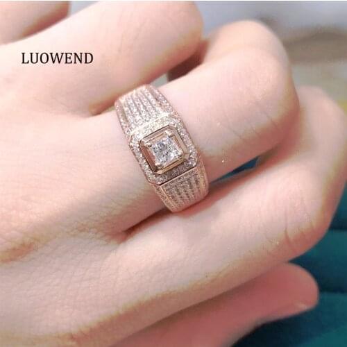 LUOWEND 100% Real 18K Yellow Gold Rings Exquisite Fashion Natural Diamond Ring Anniversary For Man Classic Style High Quality