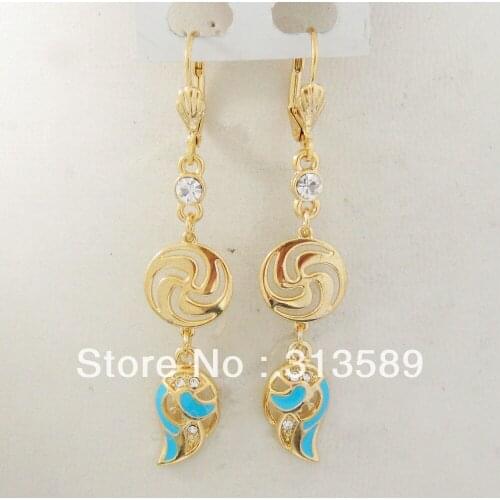 MIN ORDER 10$ CAN MIX DESIGN /NEW - YELLOW GOLD GP EP OVERLAY FILL BRASS CZ STONES DANGLE TALL 2.36" EARRING/GREAT GIFT