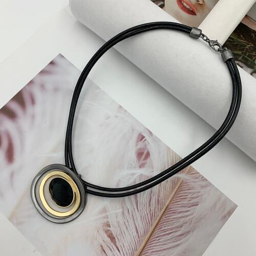 Multilayer Circle Pendant Necklace Luxury Large Black Crystal Necklaces For Women Leather Rope Chain Fashion Jewelry