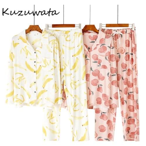 Kuzuwata 2021 New Womens Sleepwear Spring Autumn Japanese Lounge Home Wear Peach Banana Print Long Sleeved Trousers Pajamas