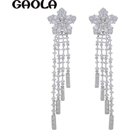 New Arrival Female Fashion Brand Jewelry Tassel Long CZ Earrings Gold Color Flowers Exaggerated Punk Dangle Earring GLE5182