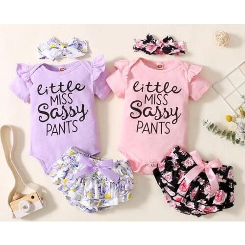 Newborn Baby Girls Clothes Short Sleeve Romper Shorts Bow Headband Little Miss Sassy Pants Elastic Waist Summer Baby Clothing