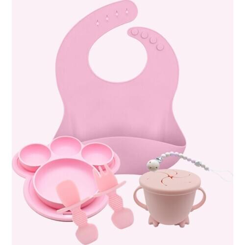 1 Set Solid Color Baby Bibs Bowls Drinking Cup Set Waterproof Soft Silicone Baby Feeding Stuff Kids Girls Boys Children Bib