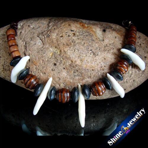 Wholesale Tibetan tribal jewelry natural wolf teeth wood beads Leather necklace Free shipping -G101