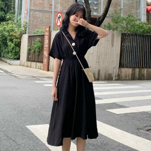 Dress Women Solid Elastic High Waist Midi Short Sleeves Slim Tenperament Summer Dresses Leisure Trendy Quality Female Clothes