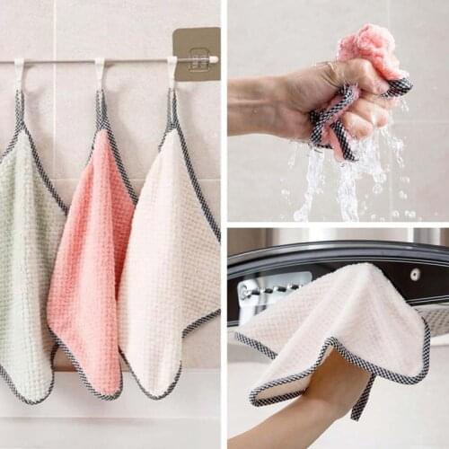 1 Pcs Coral Fleece Hand Towel Kitchen Cleaning Dish Cloth Household Non-linting Absorbent Pineapple Grid Dish Cloth Small Towel
