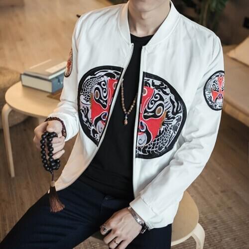 Long Sleeve Casual Stand Collar Bomber Jacket 2020 Spring Autumn Man Jacket Loose Coat Dragon Pattern Brand New Embroidery Mens
