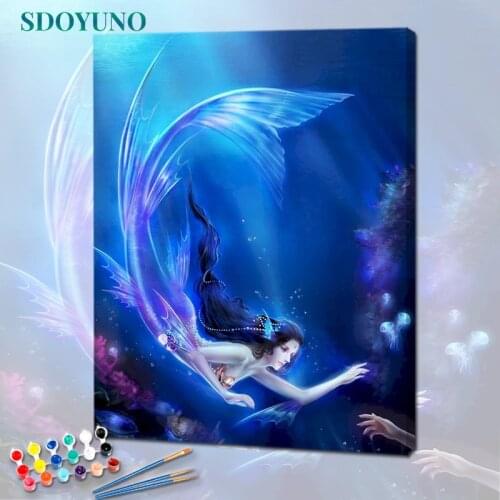 SDOYUNO 60x75cm Paint By Numbers DIY Mermaid Scenery Oil Painting By Numbers On Canvas Frameless Number Painting Decor Gift