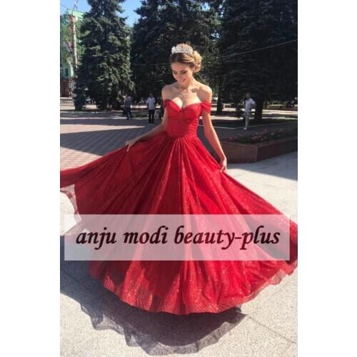 2021 Red Long Sparkly Prom Dresses Off Shoulder Sleeveless Formal Evening Party Ball Gown Robe De Soiree