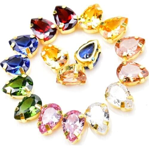 High Quality 15Pcs 5A Zircon Crystal Colorful 7X10Mm Classical Teardrop Gold Claw Sew On Stone Pointed Back Rhinestones