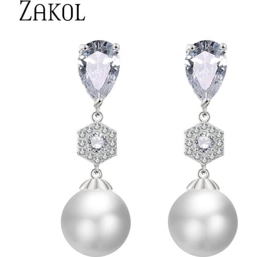 ZAKOL Exquisite Cubic Zirconia Artificial Pearl Simple Fashion Earrings for Women Wedding Dinner Birthday Gift Jewelry FSEP2389