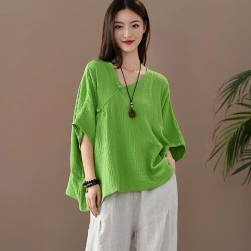 2020 Autumn Summer Women Shirts Vintage Cotton Linen Blouses New Fashion V-Neck Half Sleeve Button 12 Color Casual Clothes Tops