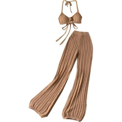 2021 summer knitted halter top+high waist loose knitted hollow out lantern pants women 2 piece sets