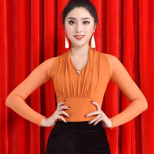 2020 New Latin Dance Tops Female Standard Ballroom Samba Salsa Practice Clothes Sexy Mesh Long Sleeve Shirt For Women DWY3600