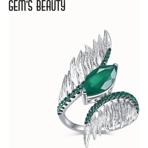 Gems Beauty 2021 HOT SALE 925 Sterling Silver Female Rings For Women Green Agate Feather Finger Ring Sterling Silver Jewelry