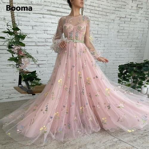 Booma Pink Embroidery Lace Maxi Prom Dresses Long Sleeves Sheer Neckline Tulle Wedding Party Dresses 2021 A-Line Formal Gowns