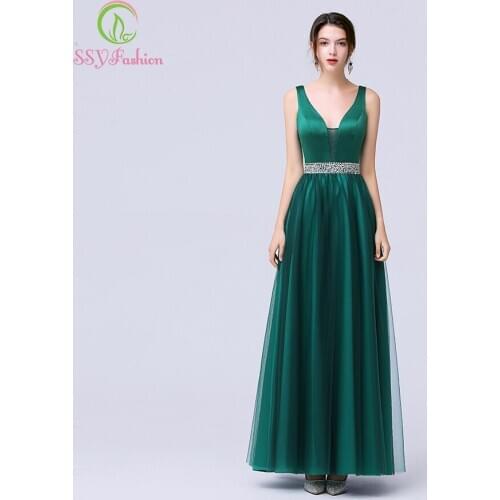SSYFashion New Simple Green Evening Dress Sexy V-neck Sleeveless Backless Floor Length Long Formal Dresses Vestido De Noche