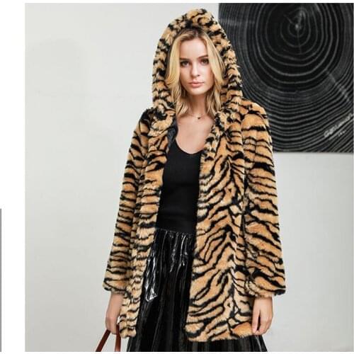 Europe and the United States winter new super thick hooded big tiger pattern coat fur fur medium long womens imitation coat