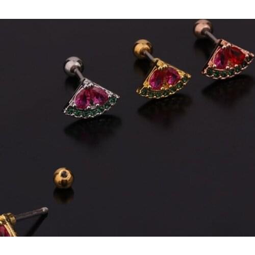 1 PCS Trendy Watermelon Shape Mirco Pave CZ Ear Studs Cuff Earrings Cute Small Color Zircon Helix Studs Ear Earrings