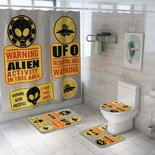 180*180cm UFO Pattern Fabric Shower Curtains Polyester Bathroom Curtain Non-Slip Rugs Toilet Lid Cover Bath Mat Carpet Set