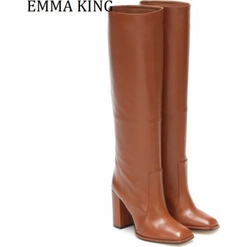 2020 Winter Women Knee High Boots Microfiber Leather Square Toe Chunky Block High Heel Knight Boots Slip-on Casual Dress Shoes